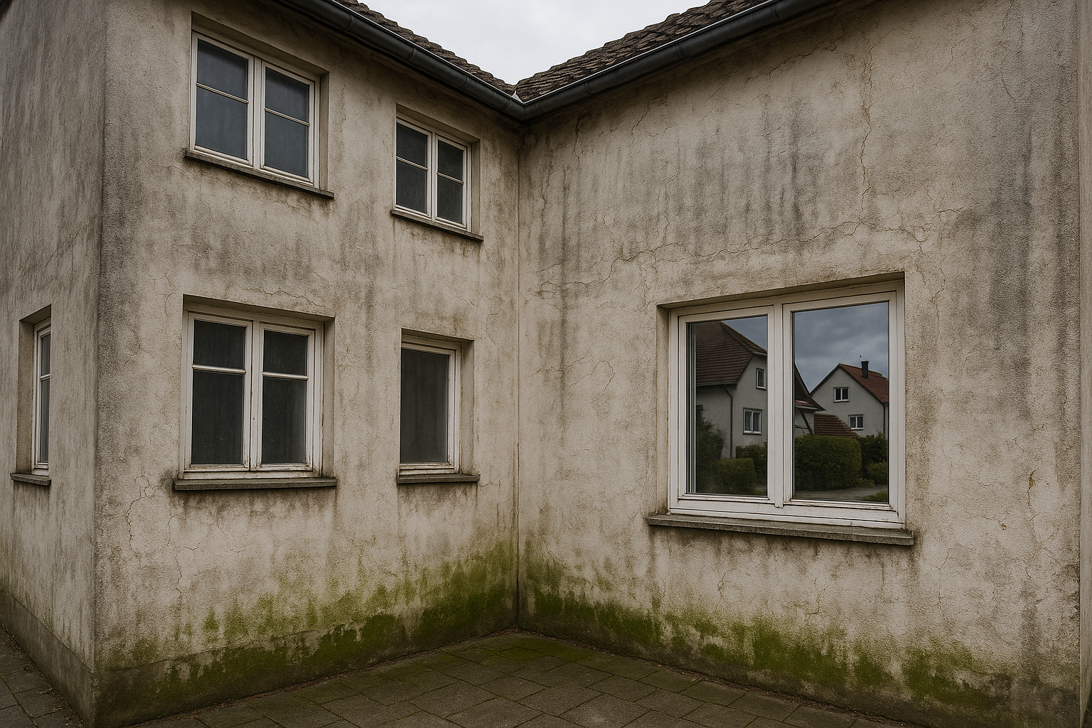 Außenwand im Saarland vor Fassadenarbeiten — The exterior facade shows the problem: weathered a vor Renovierung