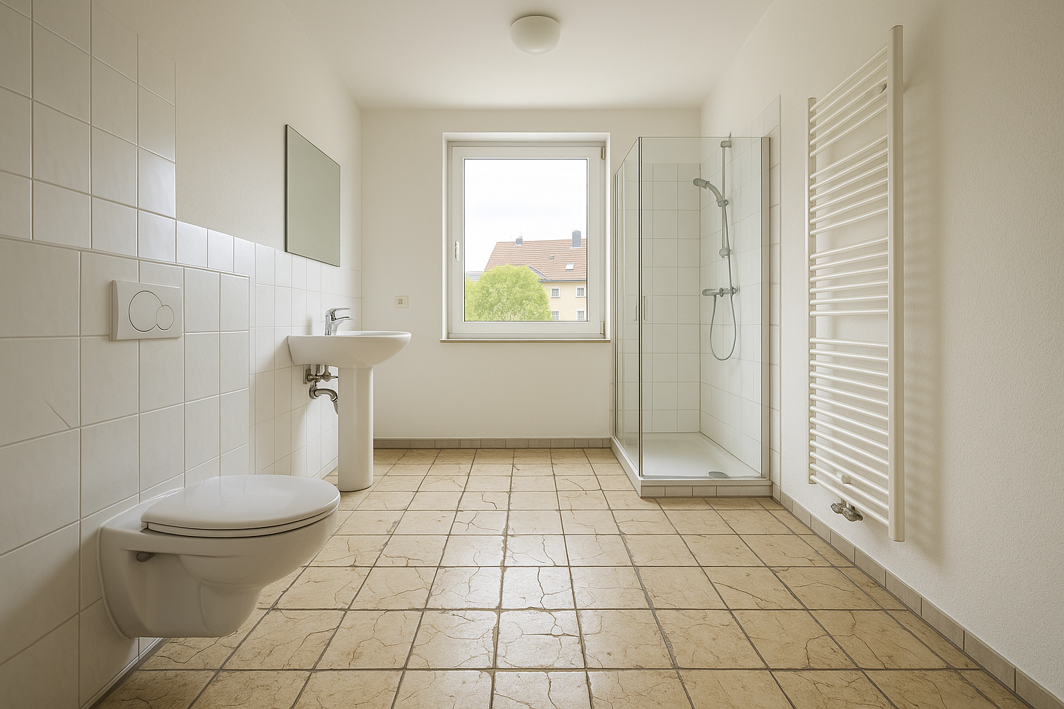 Bad im Saarland vor Bodenfliesen sanieren — The floor shows the problem: old ceramic tiles wit vor Renovierung