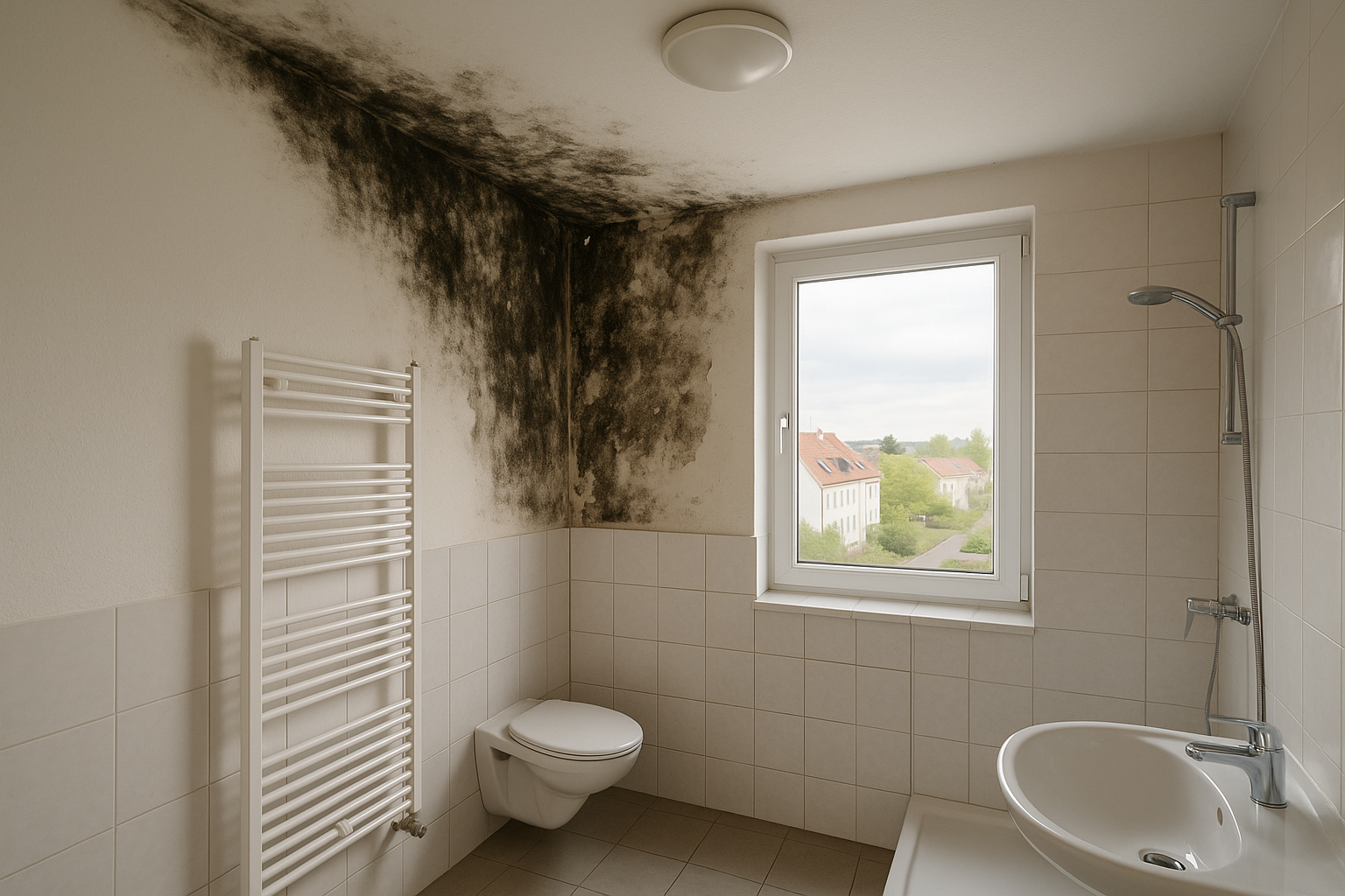 Bad/Wand im Saarland vor Schimmelbeseitigung — The wall in the corner shows severe mould: large b vor Renovierung