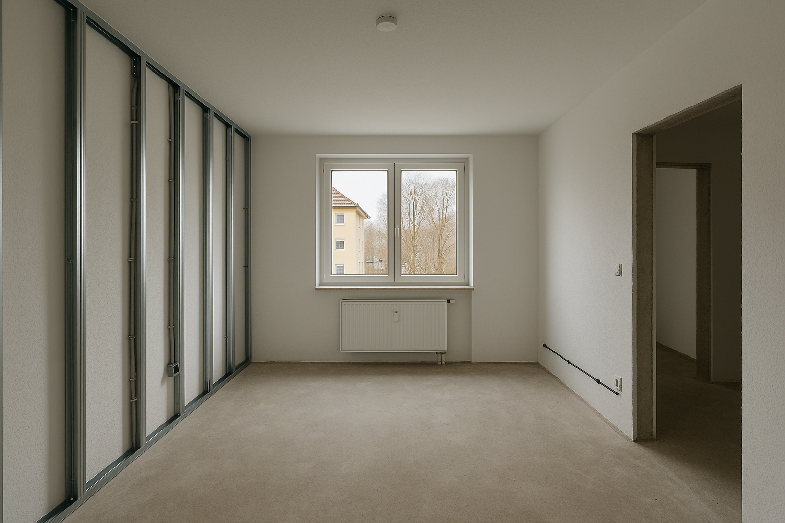 Büro/Zimmer im Saarland vor Trockenbauarbeiten — The room is in raw construction state: exposed met vor Renovierung