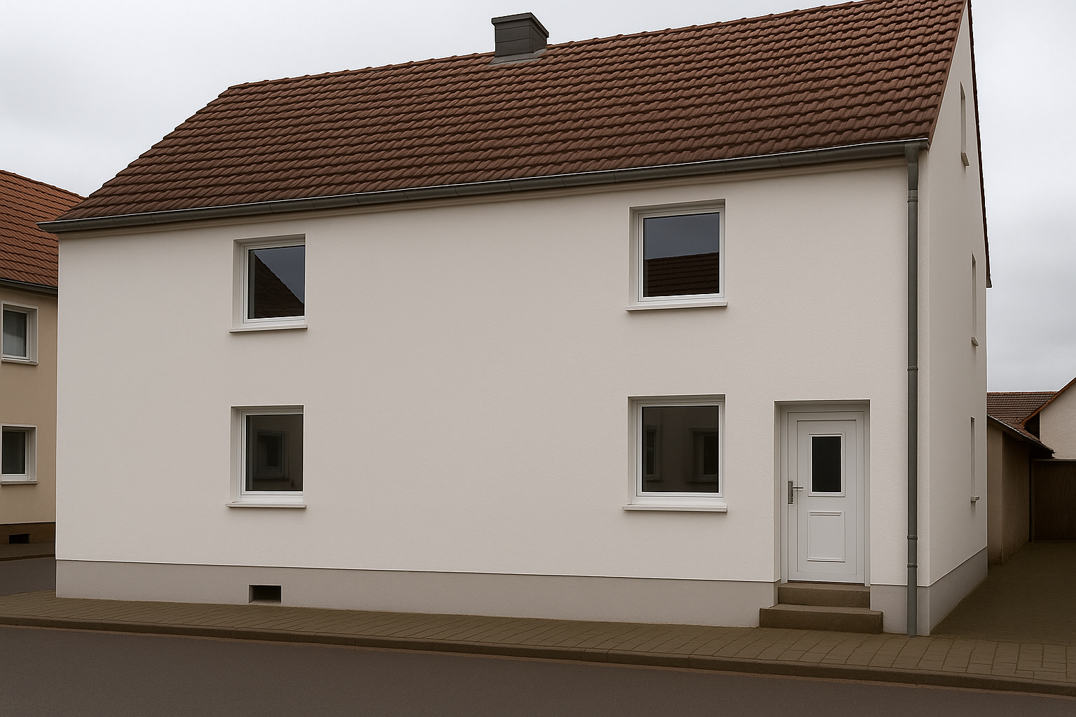 Doppelhaus-Fassade in Völklingen-Fürstenhausen nach Renovierung — Silikatfarbe hell