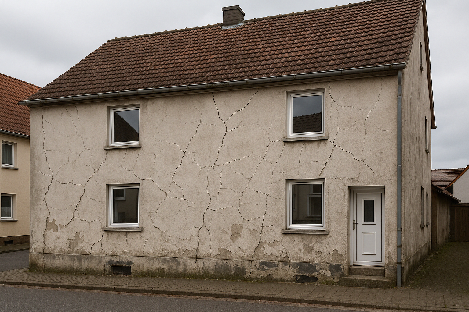 Doppelhaus-Fassade in Völklingen-Fürstenhausen vor Renovierung — Risse und Feuchtigkeitsschäden
