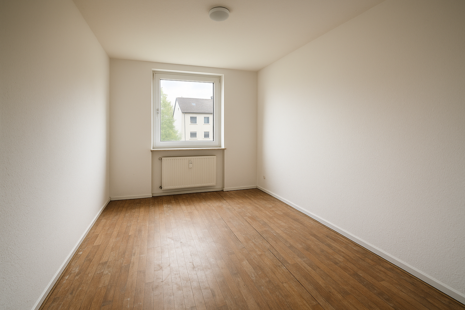 Kinderzimmer im Saarland vor Korkboden verlegen — The floor shows the problem: old worn laminate flo vor Renovierung