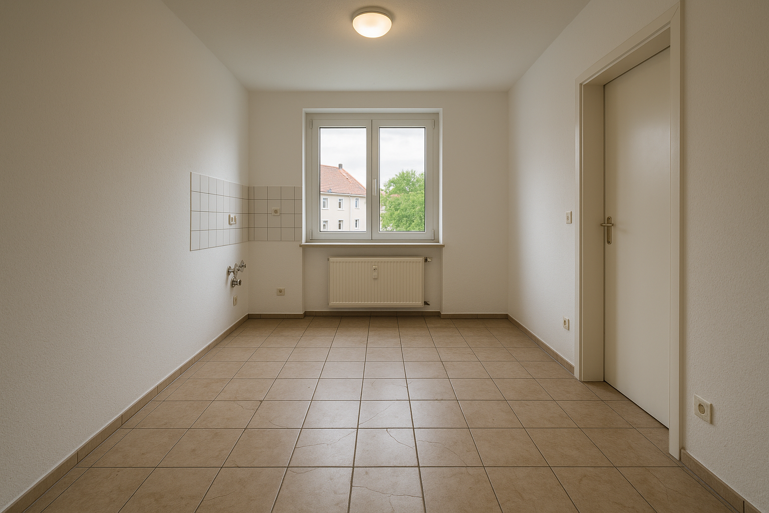 Küche/Diele im Saarland vor Vinylboden verlegen — The floor shows the problem: old ceramic floor til vor Renovierung