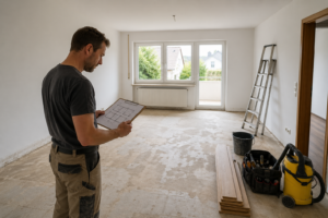 Handwerker plant eine Renovierung in einem leeren Zimmer in Illingen