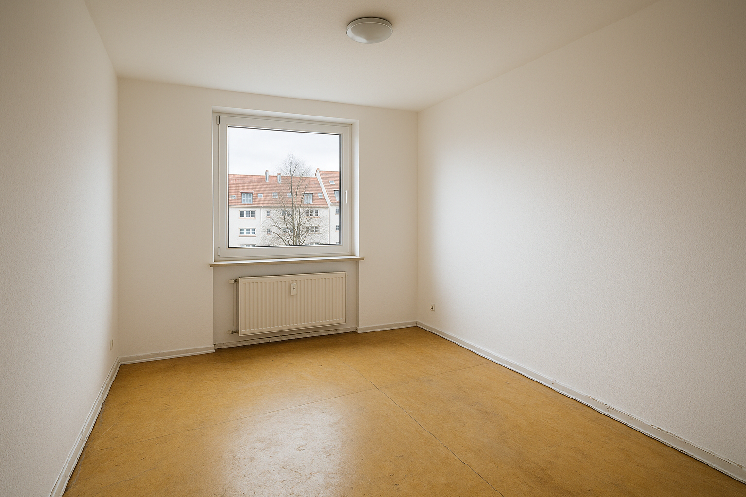 Schlafzimmer im Saarland vor Teppichboden verlegen — The floor shows the problem: old PVC floor coverin vor Renovierung
