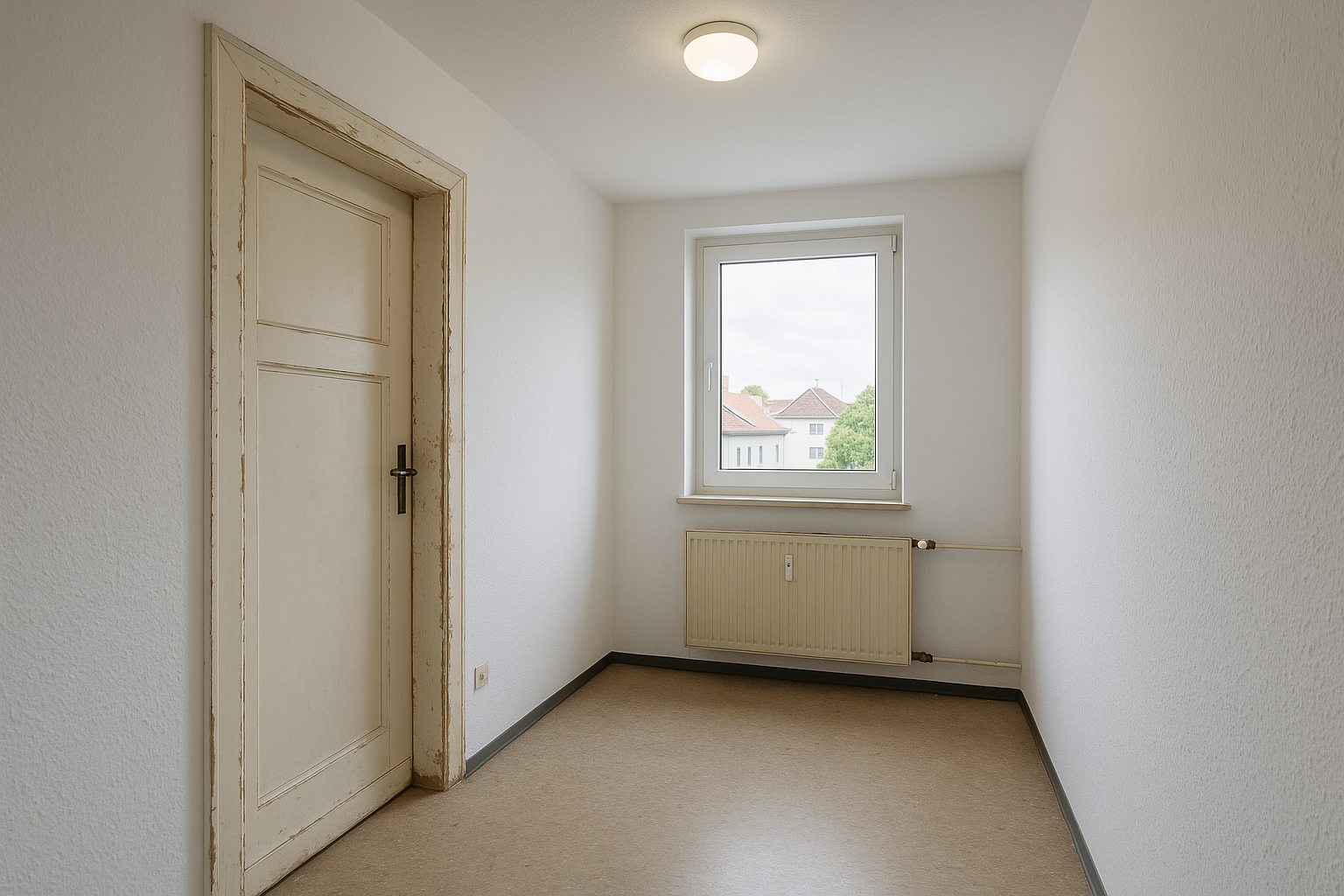 Treppe/Flur im Saarland vor Lackierarbeiten — The doors and radiator show the problem: chipped a vor Renovierung