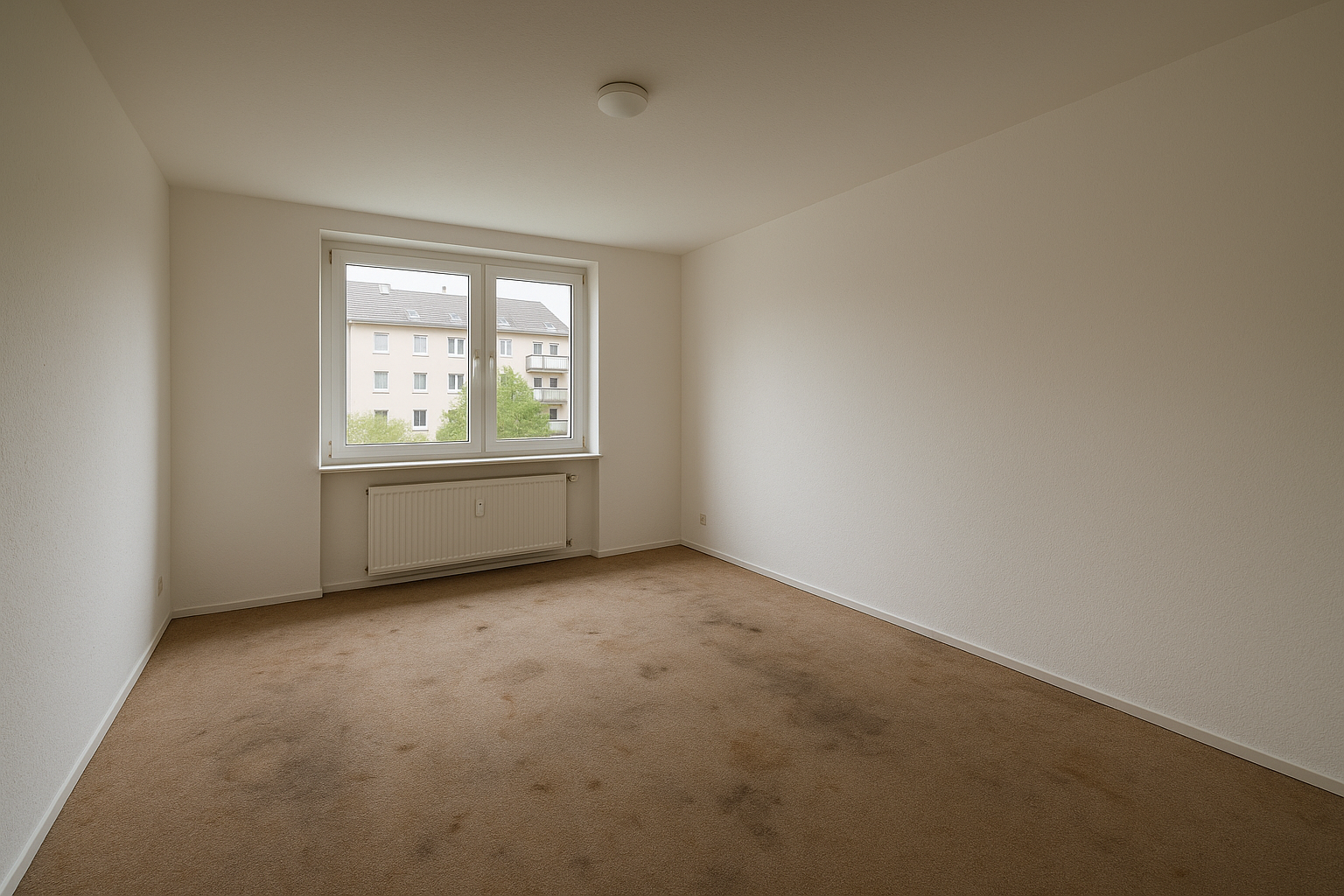 Wohnzimmer im Saarland vor Bodenbelagsarbeiten — The floor shows the problem: old, worn wall-to-wal vor Renovierung