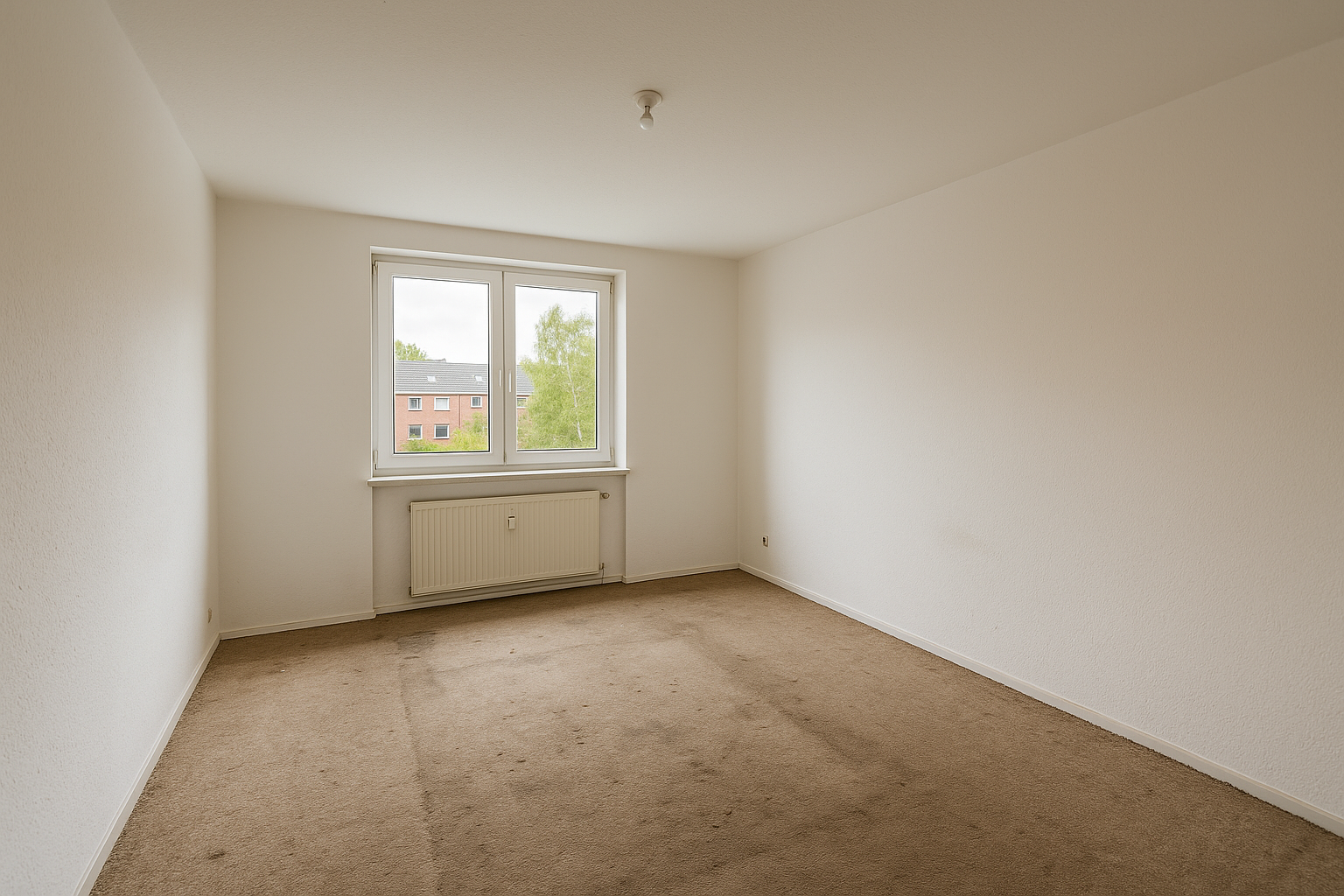 Wohnzimmer im Saarland vor Laminat verlegen — The floor shows the problem: old, worn wall-to-wal vor Renovierung