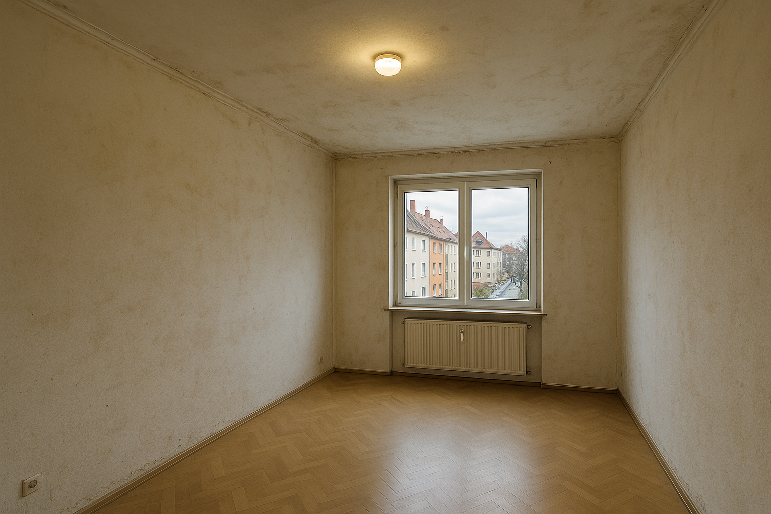 Wohnzimmer im Saarland vor Malerarbeiten Innenbereich — The walls and ceiling show the problem: yellowed vor Renovierung
