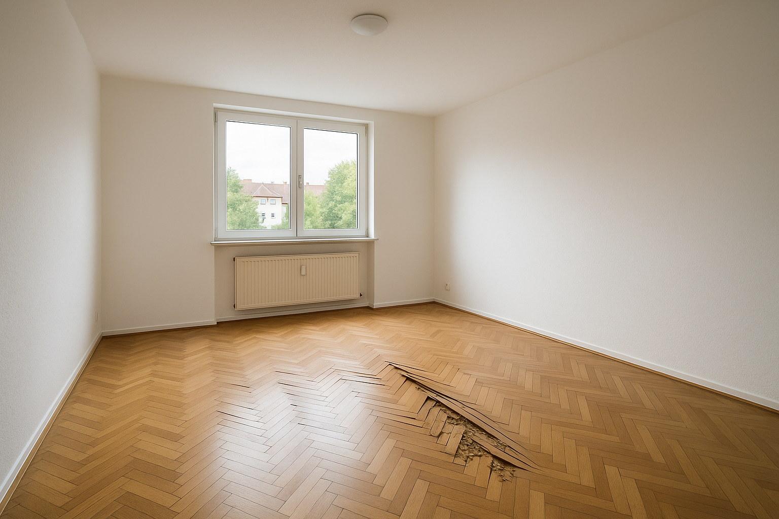 Wohnzimmer im Saarland vor Parkett reparieren — The floor shows the problem: damaged solid wood pa vor Renovierung