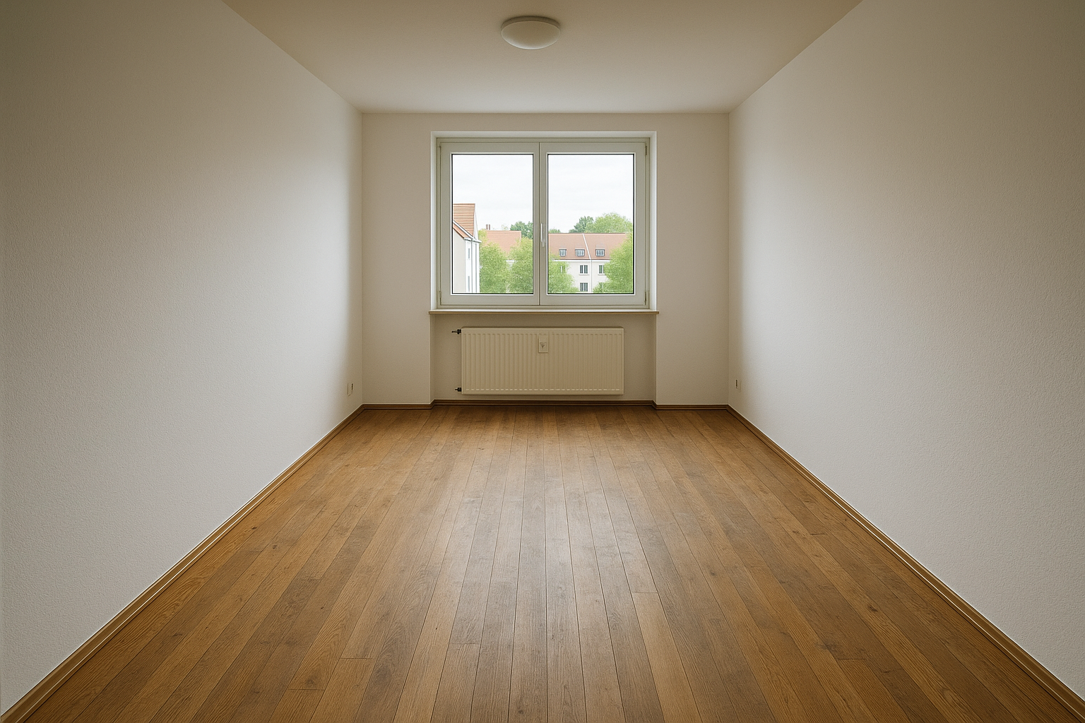 Wohnzimmer im Saarland vor Parkett schleifen — The floor shows the problem: the same wide-plank s vor Renovierung