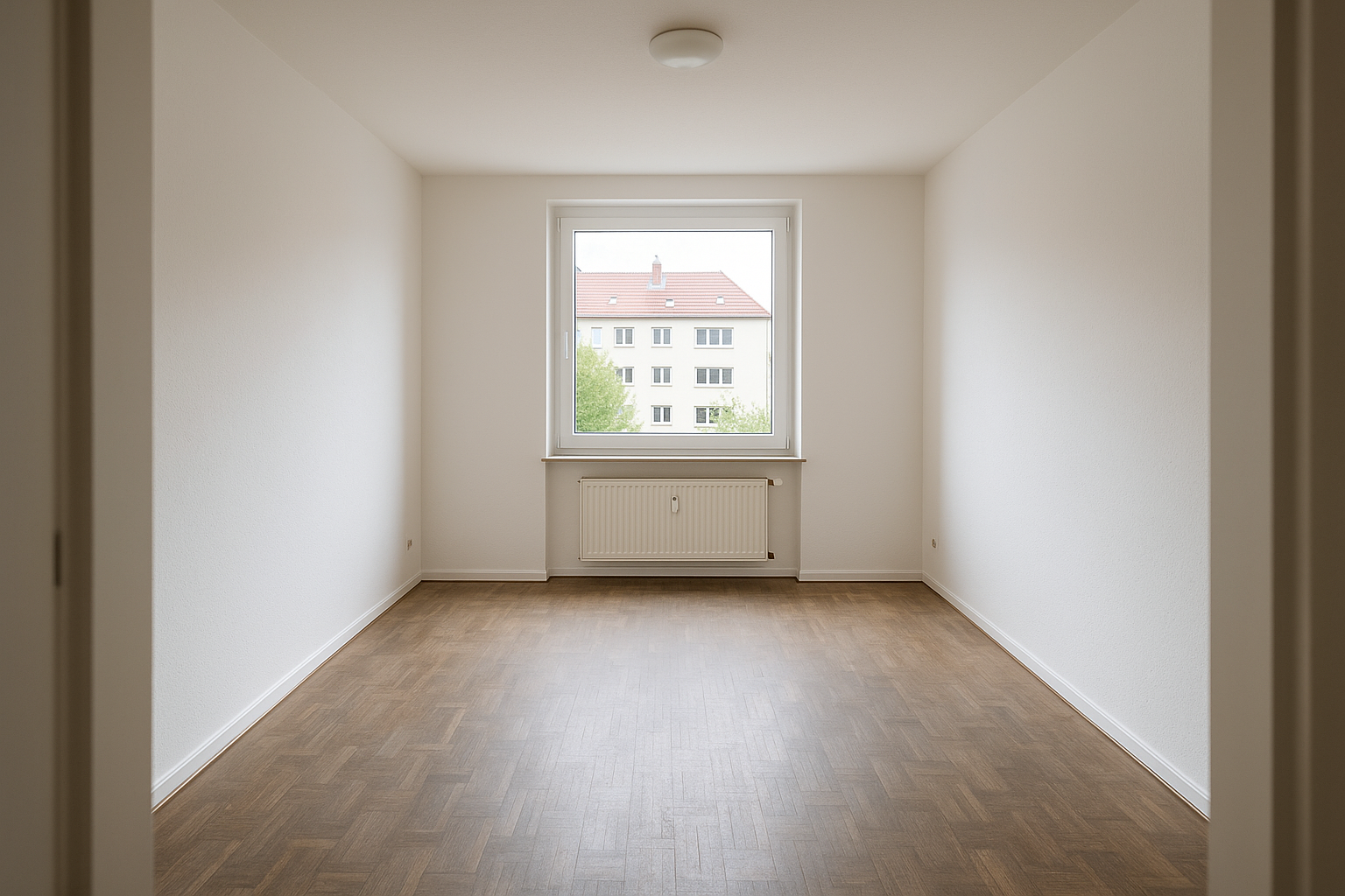 Wohnzimmer im Saarland vor Parkett schleifen — The floor shows the problem: dull, scratched solid vor Renovierung