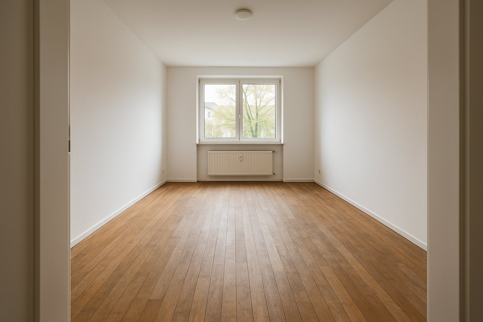 Wohnzimmer im Saarland vor Parkett schleifen — The floor shows the problem: the same wide-plank s vor Renovierung