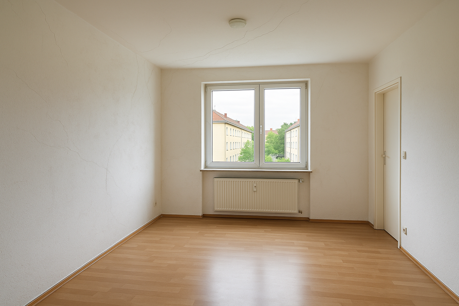 Wohnzimmer im Saarland vor Putz- und Spachtelarbeiten — The walls show the problem: cracked and uneven pla vor Renovierung