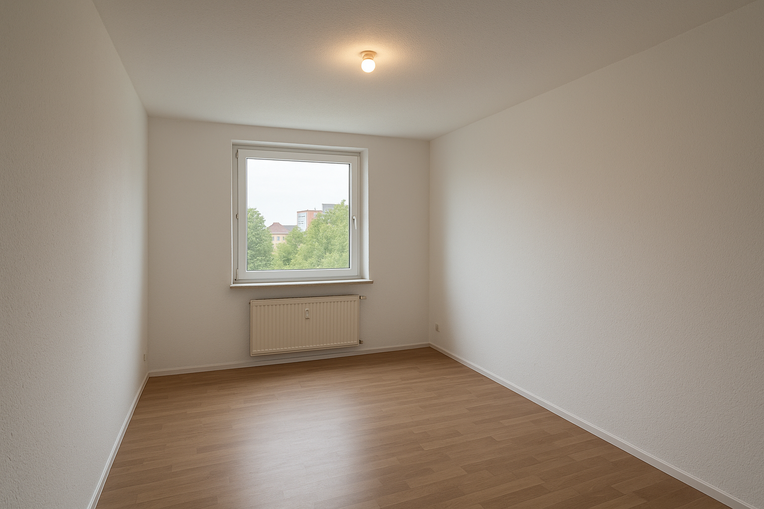Wohnzimmer im Saarland vor Stuckarbeiten & Zierputz — The walls and ceiling are plain, neutral white — n vor Renovierung