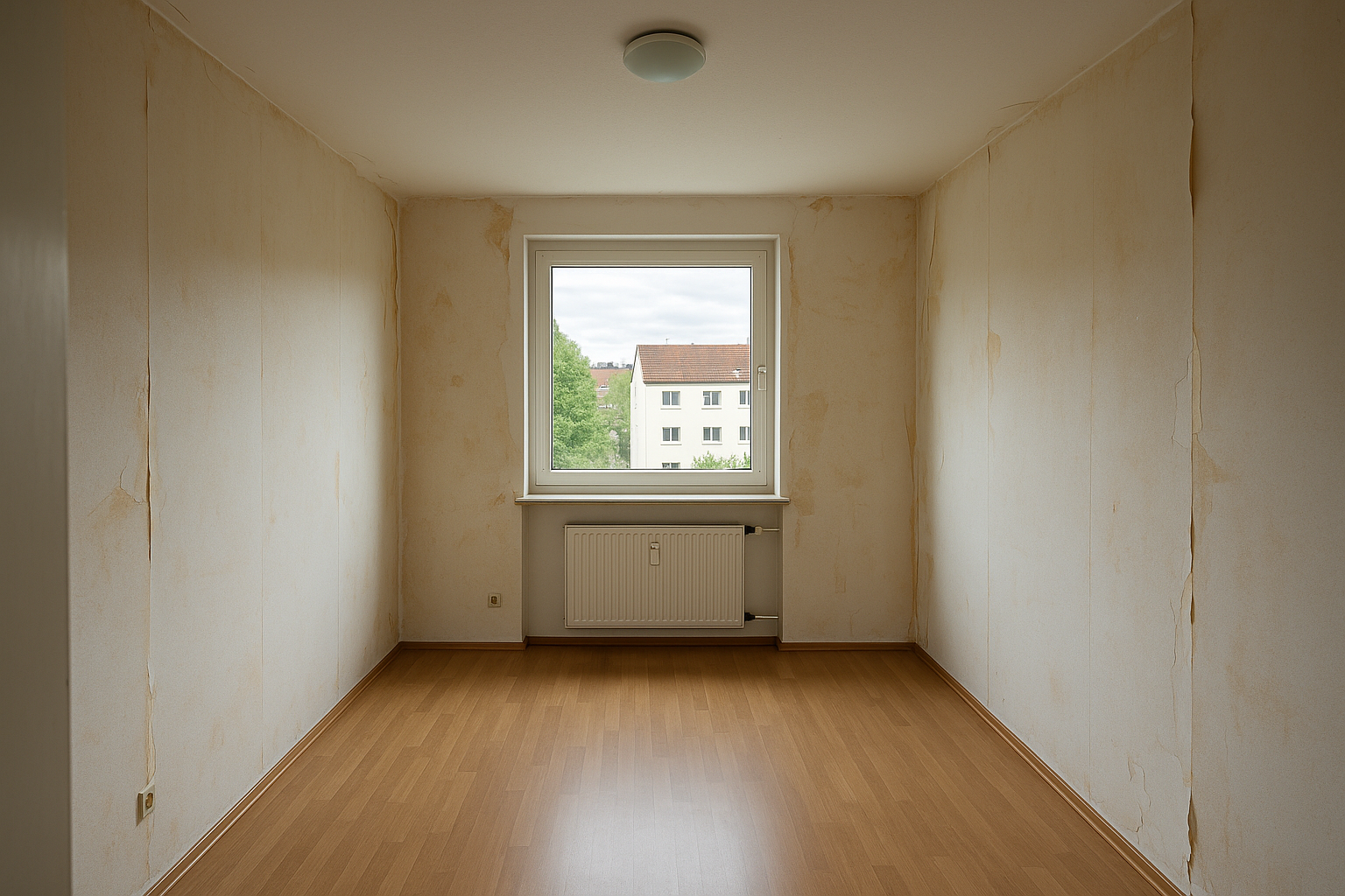 Wohnzimmer im Saarland vor Tapezierarbeiten — The walls show the problem: old wallpaper peeling vor Renovierung