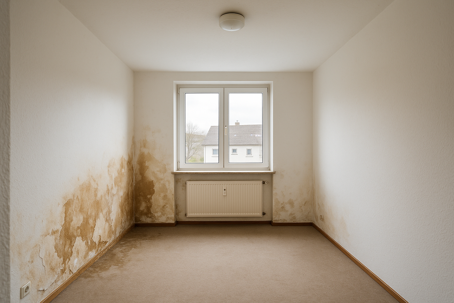 Wohnzimmer im Saarland vor Wasserschadensanierung — The walls show severe water damage: large brown st vor Renovierung